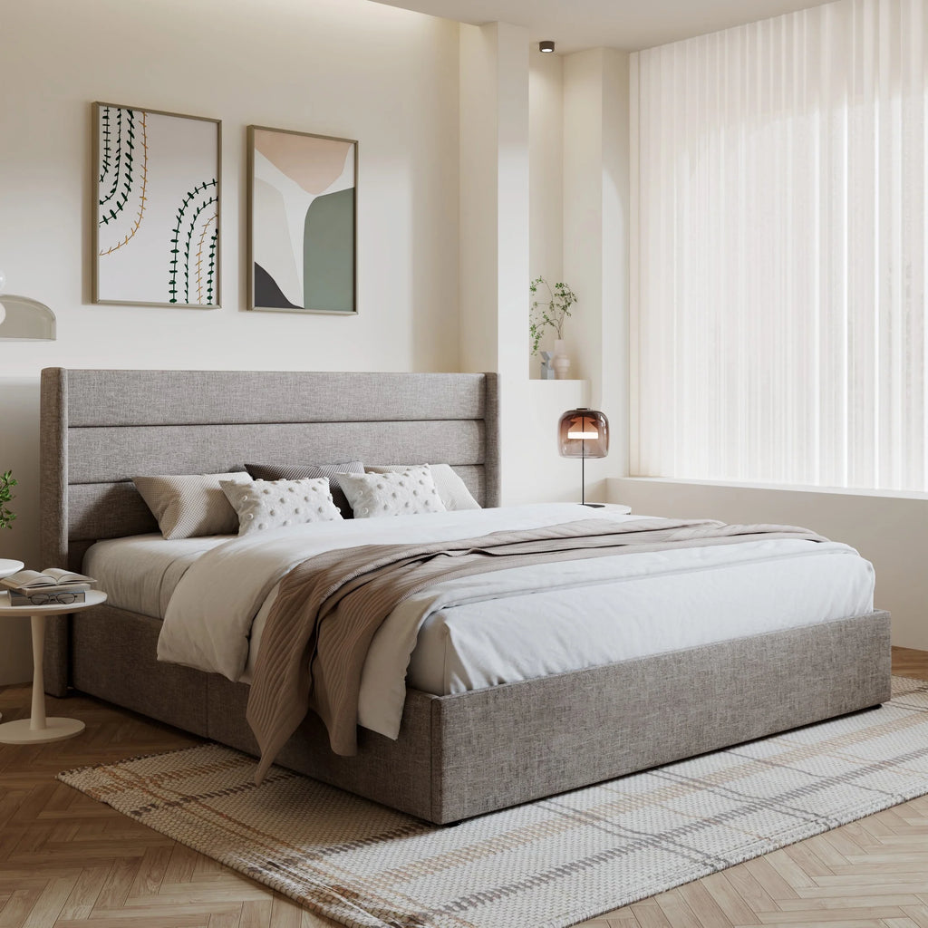 King Size Upholstered Lift up Storage Platform Bed Frame with Wingback Headboard, Beige N7860