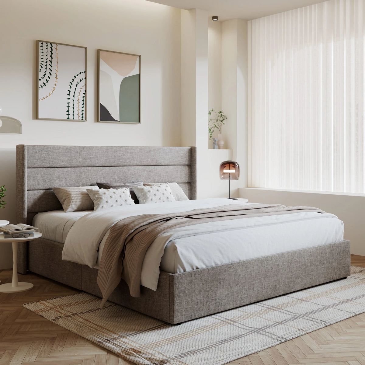 King Size Upholstered Lift up Storage Platform Bed Frame with Wingback Headboard, Beige N7860