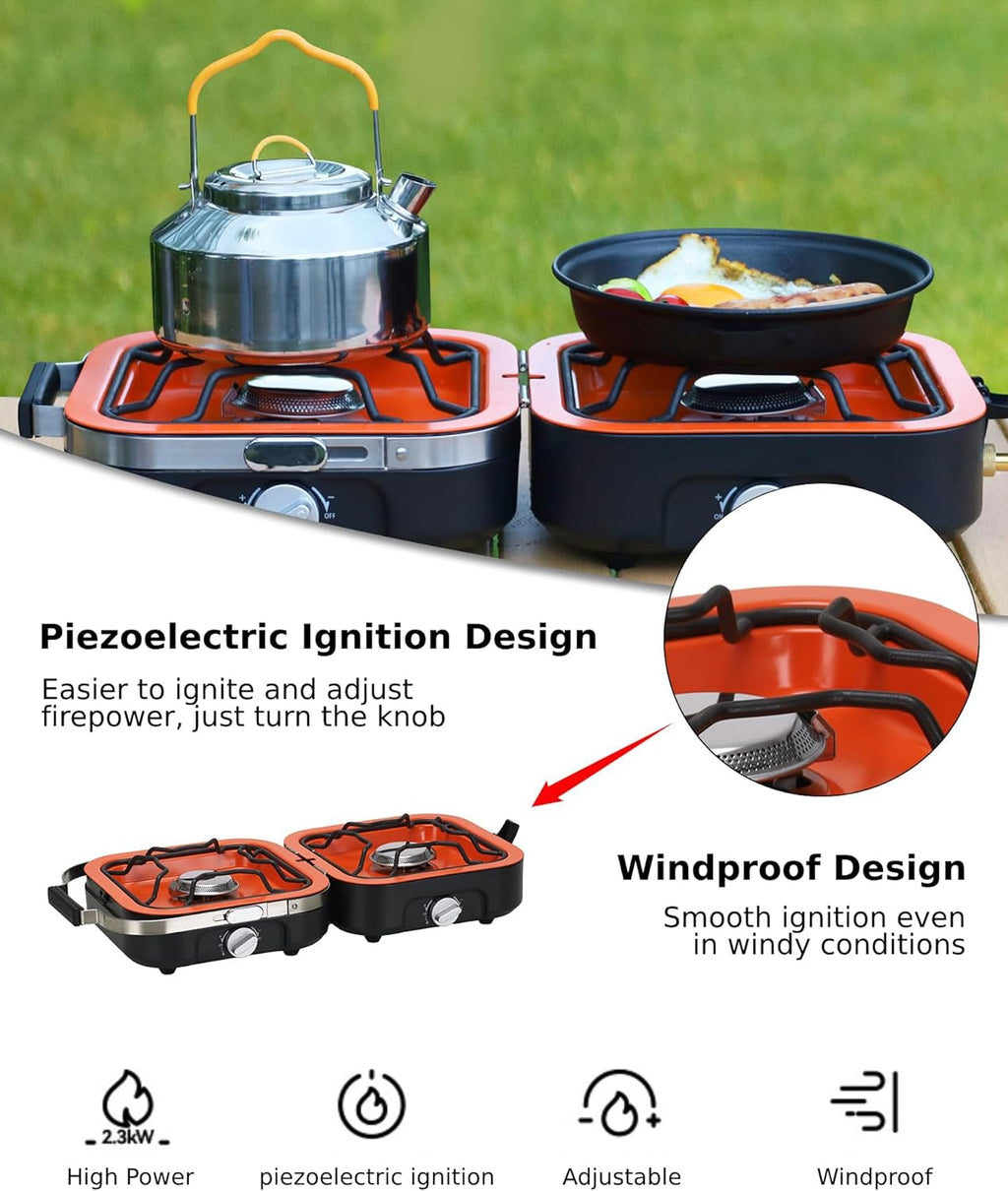 Propane Camping Stove 2 Adjustable Burners with 20,000 BTUs, Portable Folding Camp Stove with Carry Bag R236